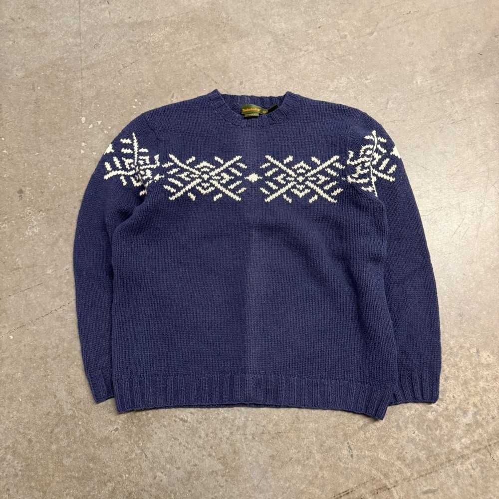 Timberland Mens XL Navy Blue Handknit 100% Lambswool Nordic Fair Isle Sweater